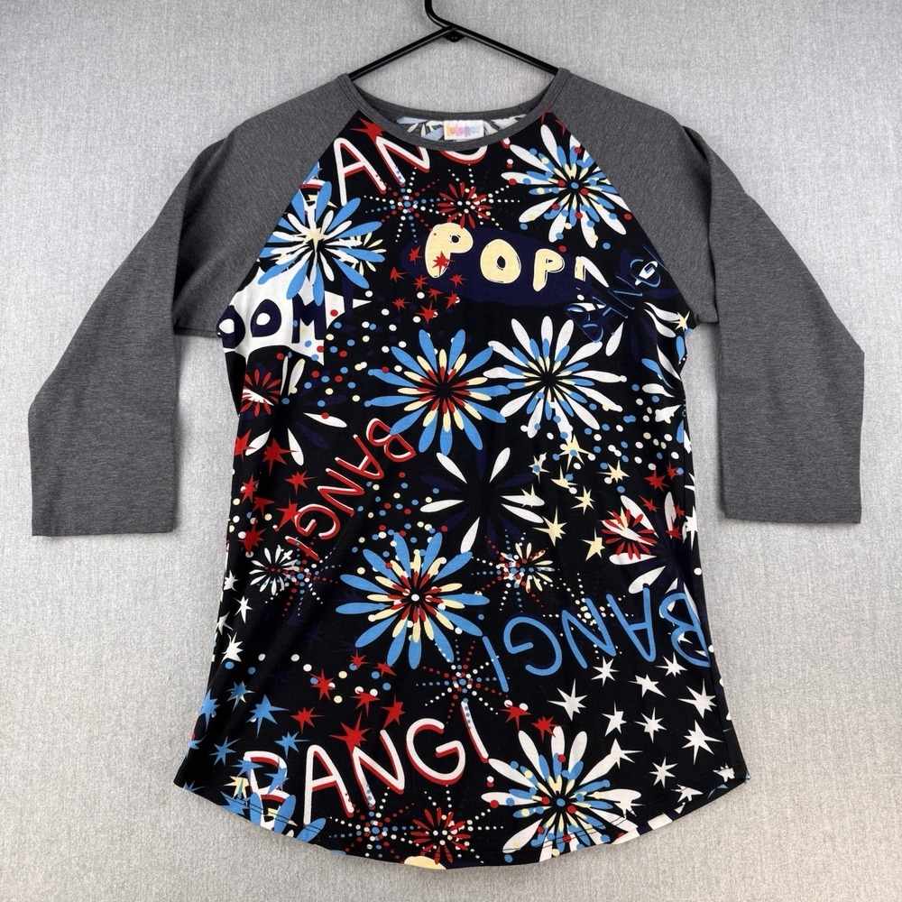 LuLaRoe Randy Top Womens Medium Gray Fireworks Pop Bang Patriotic Raglan